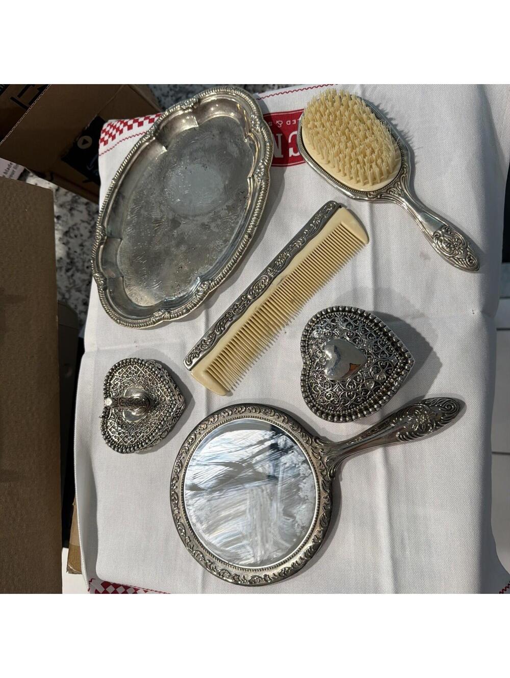 lot of Silver Vintage Vanity Set 7 Piece Set Antique *